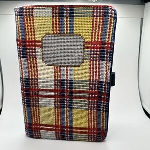Lands End Needlepoint Plaid Journal Cover Navy Blue Canvas Snap Closure Anchor